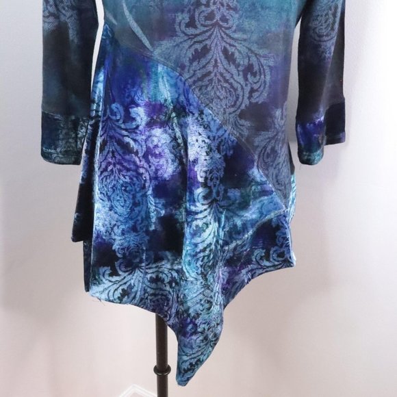One World Women's M Blue Multi Ornate Velour Knit Asymmetrical Tunic Top - Picture 8 of 10